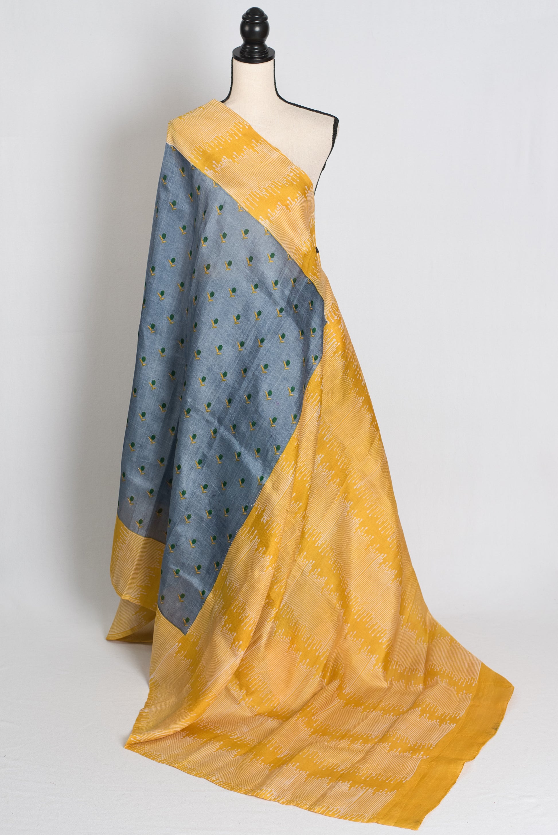 Sanj : Exclusive Hand Block Printed Bishnupur Silk Saree in Grey and Yellow image 1