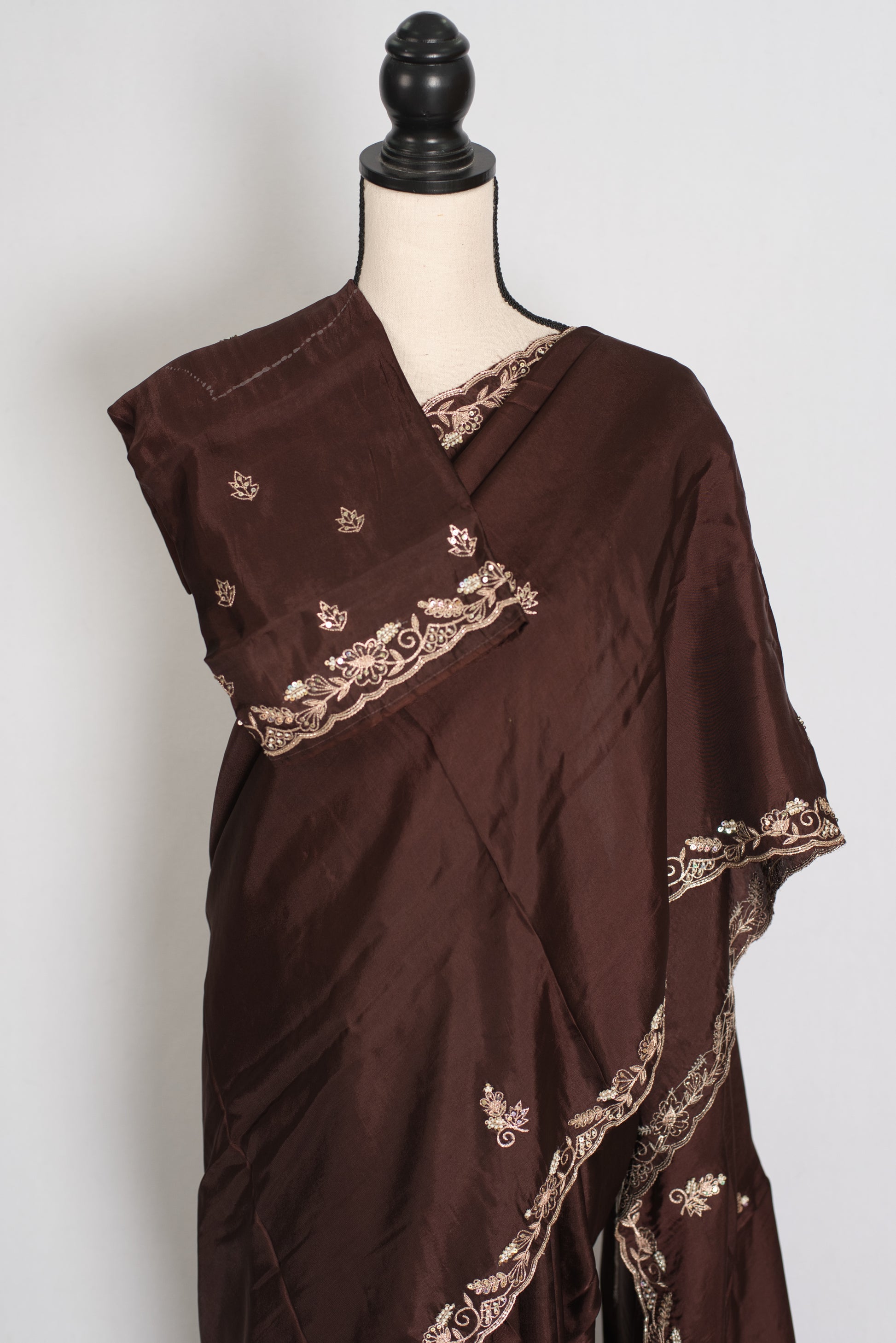 Ahiri: Dark Brown Semi Satin Saree with Zardosi Work | Reception Wear image 2