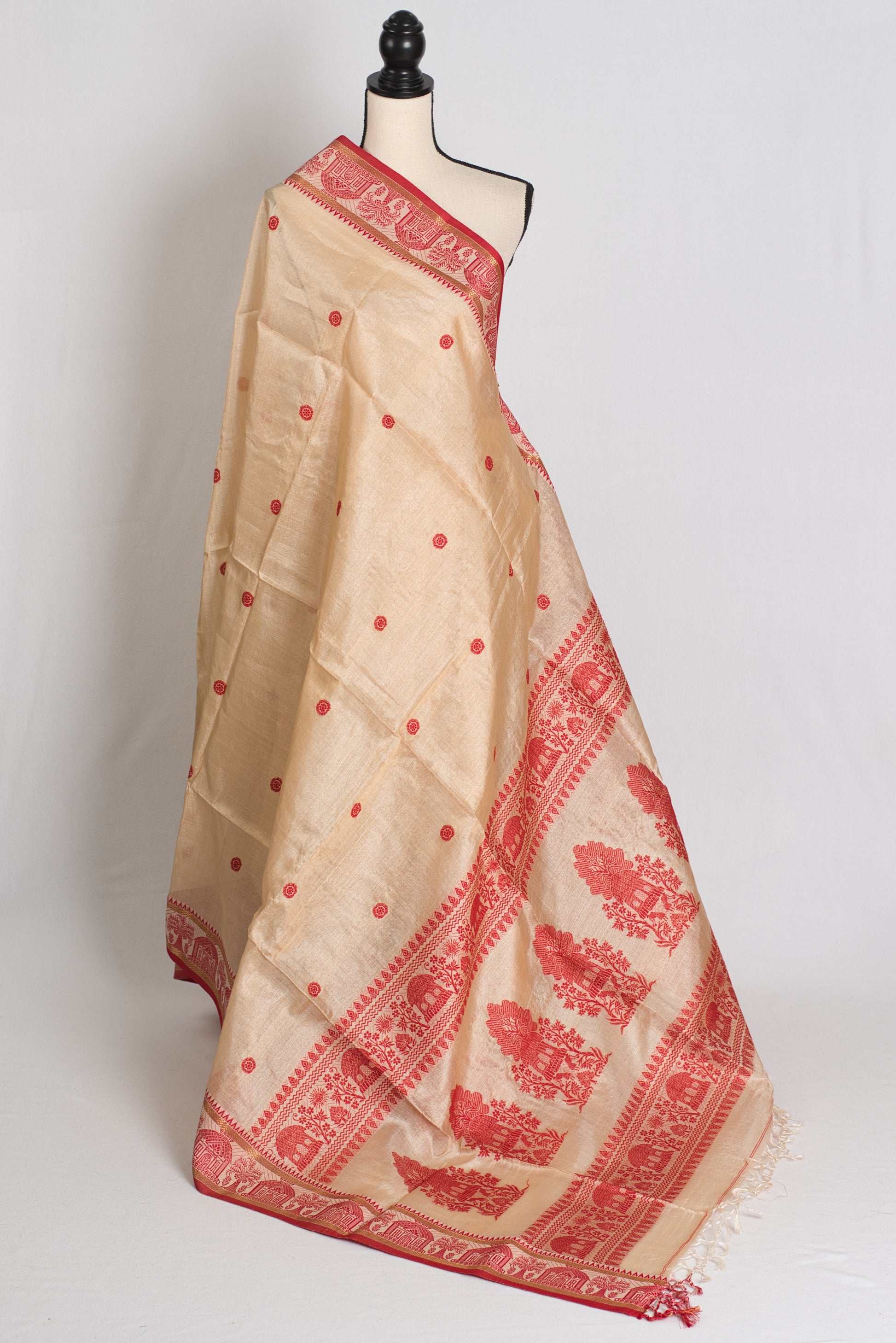 Lopamudra : Bengal Tussar Silk Saree in Beige and Red with Nakshi Border image 1