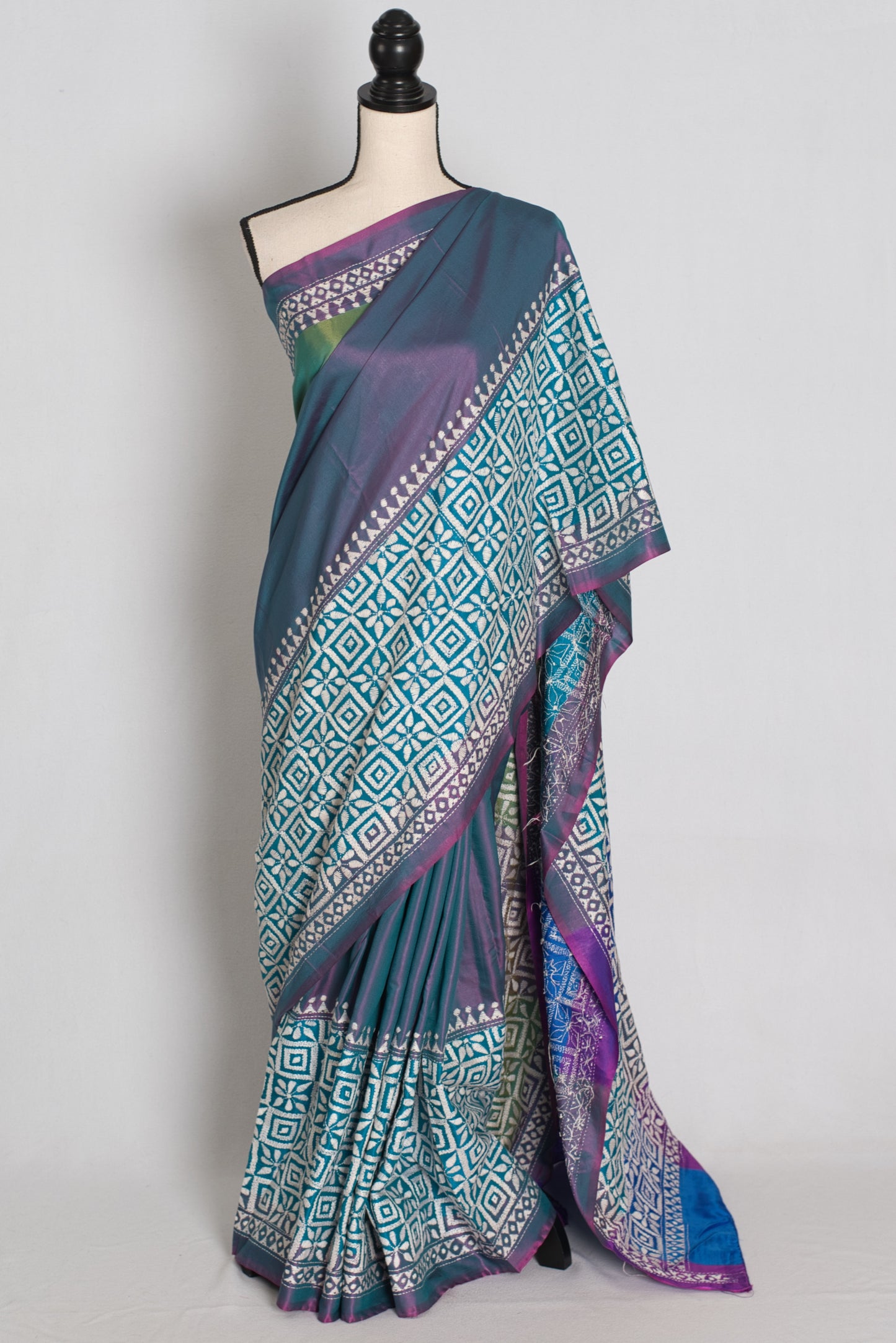 Kavitha : Tri-Color Hand Embroidered Kantha Stitch Bishnupur Blended Silk Saree image 0