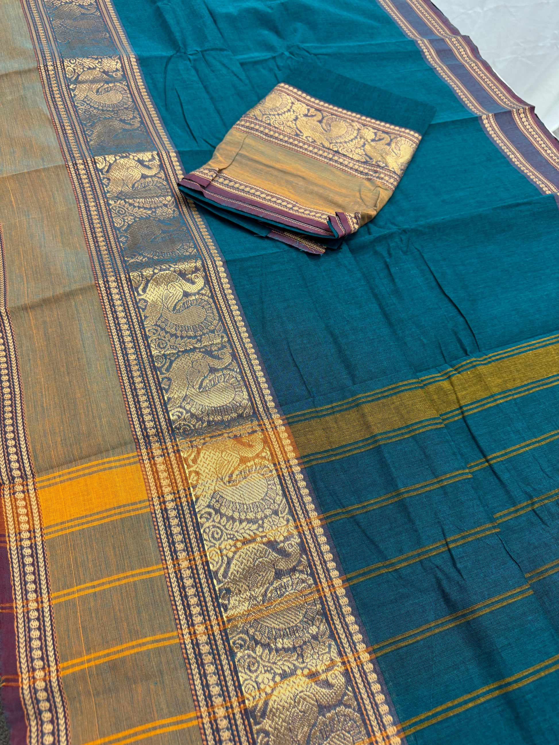 Rama : Handwoven Rama Green Cotton Kanjivaram Saree image 1