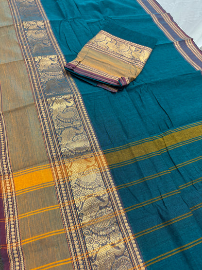 Rama : Handwoven Rama Green Cotton Kanjivaram Saree image 1