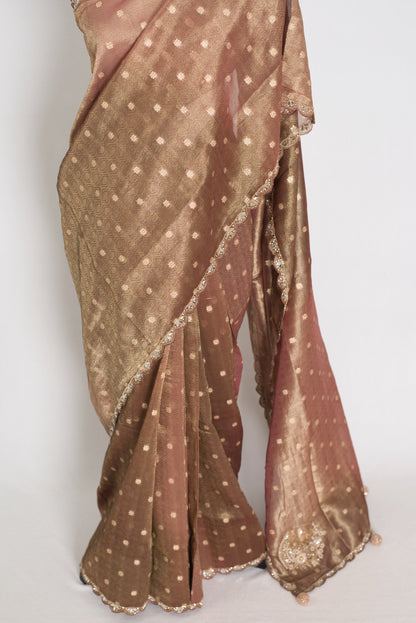 Rashmi: Brown Soft Tissue Saree with Hand Zardosi Embroidery | Partywear image 6