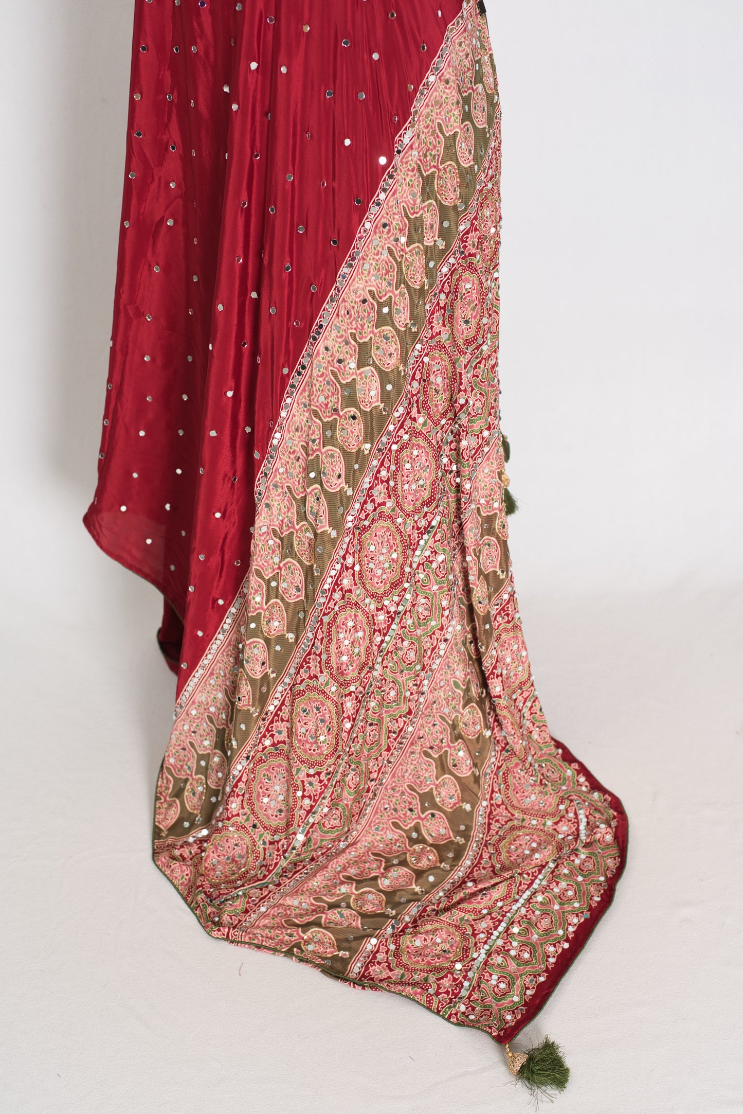 Mouli | Brick Red Mirror Work Partywear Ajrakh Saree | Soft Semi Modal Silk image 3