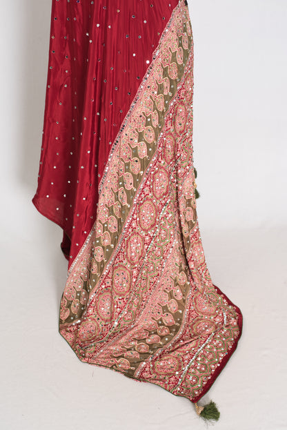 Mouli | Brick Red Mirror Work Partywear Ajrakh Saree | Soft Semi Modal Silk image 3