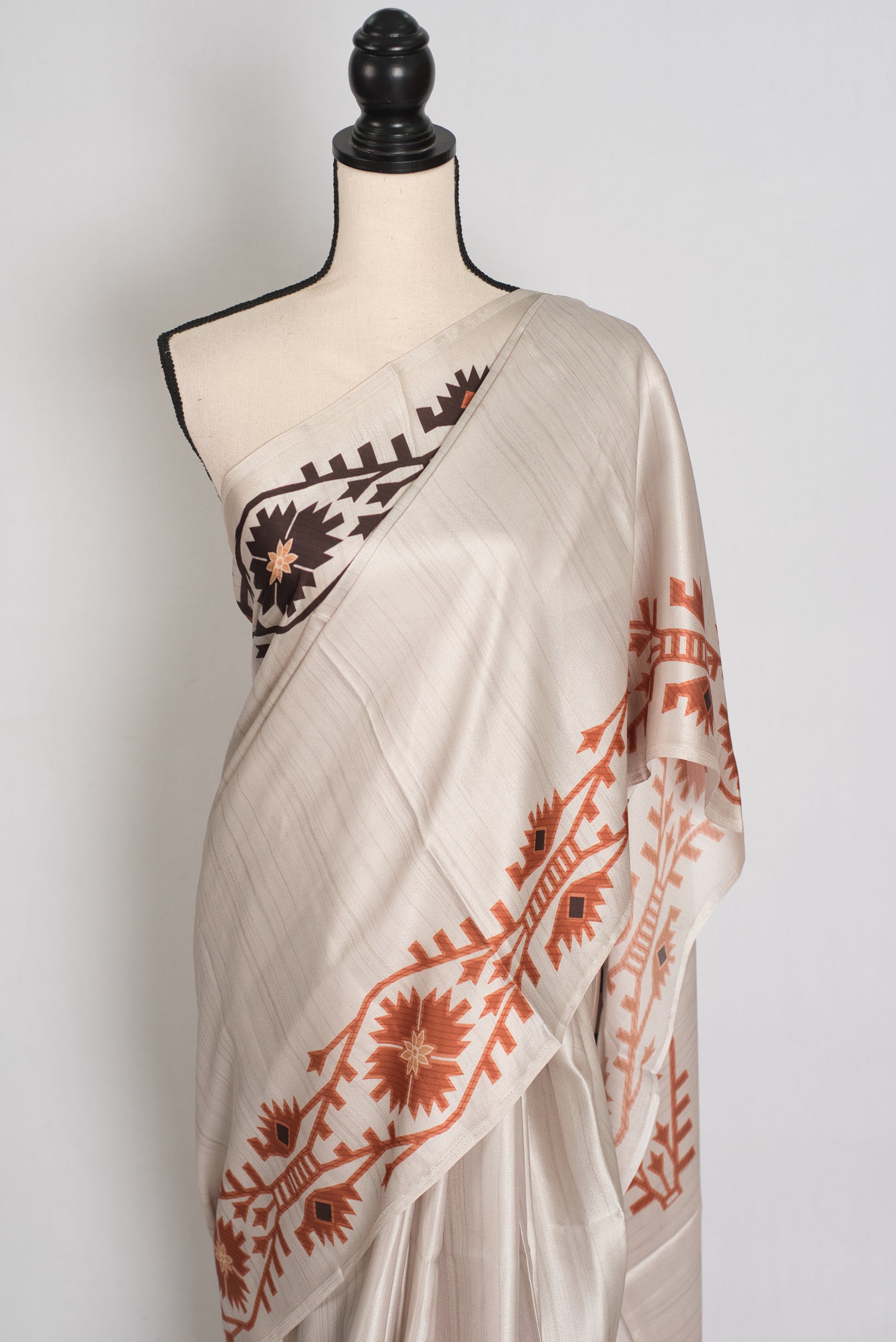Rita | Cement White Soft Satin Saree with Traditional Kolka Prints image 5