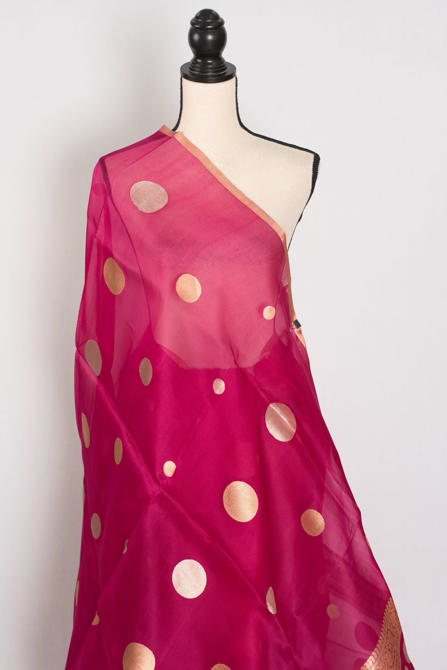 Aaliya | Hot Pink Kora Organza Banarasi Saree | Contemporary Gold Polka Dots image 4