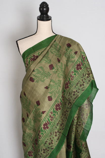 Shyamoli : Olive Green Hand Block Printed Murshidabad Pure Silk Saree image 5