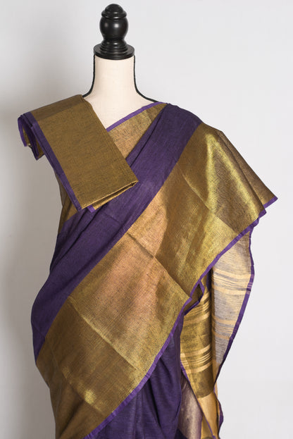 Sreya : Royal Purple Pure Linen Saree with Wide Antique Gold Zari Border image 2