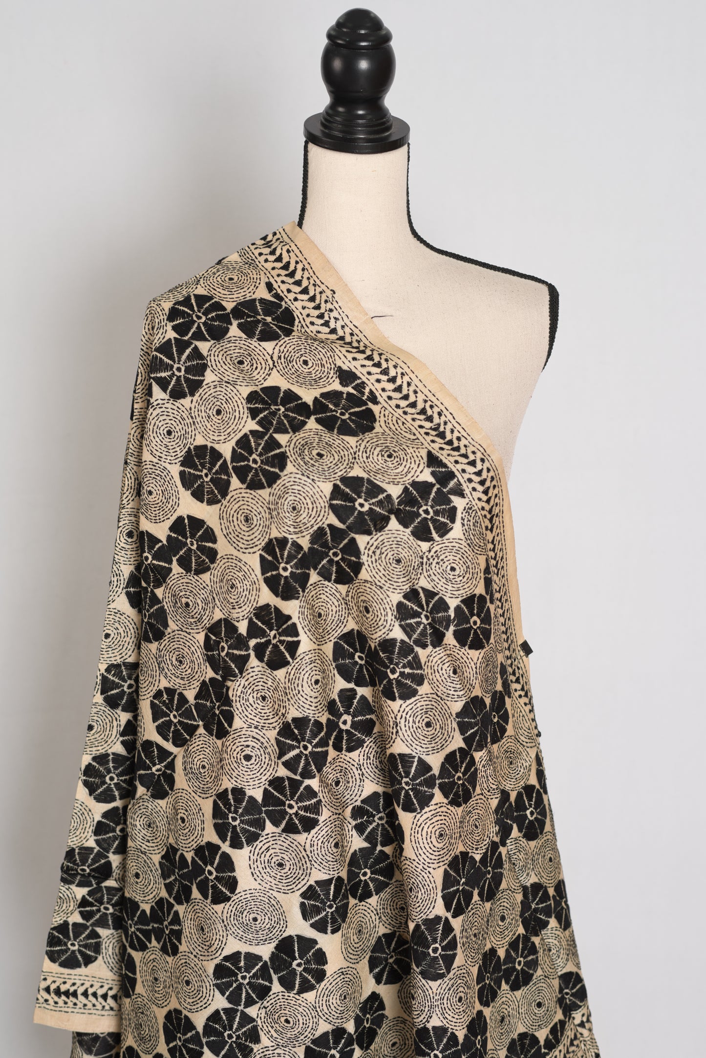 Hand Embroidered Black & Beige Gachi Tussar Silk Kantha Dupatta | Mou image 1