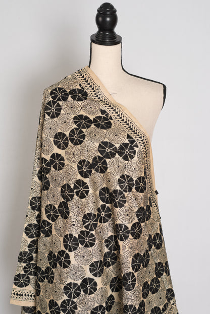 Hand Embroidered Black & Beige Gachi Tussar Silk Kantha Dupatta | Mou image 1