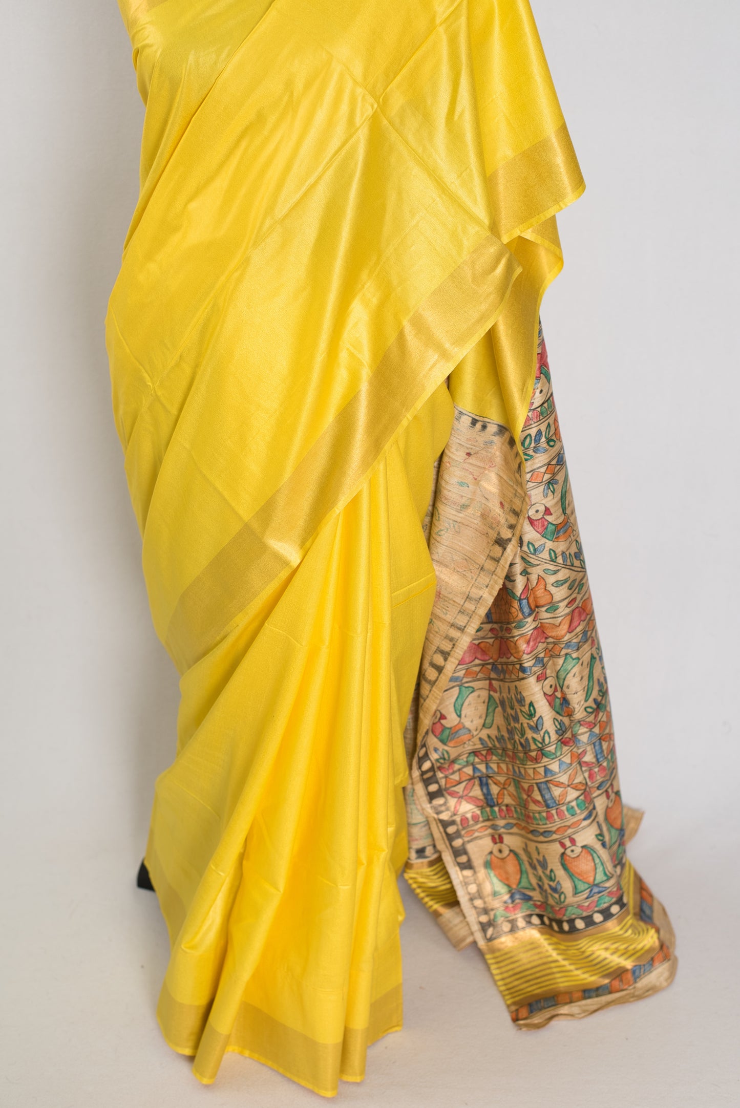 Ragini :Bright Yellow Staple Tussar Saree | Hand-Painted Madhubani Pallu image 5