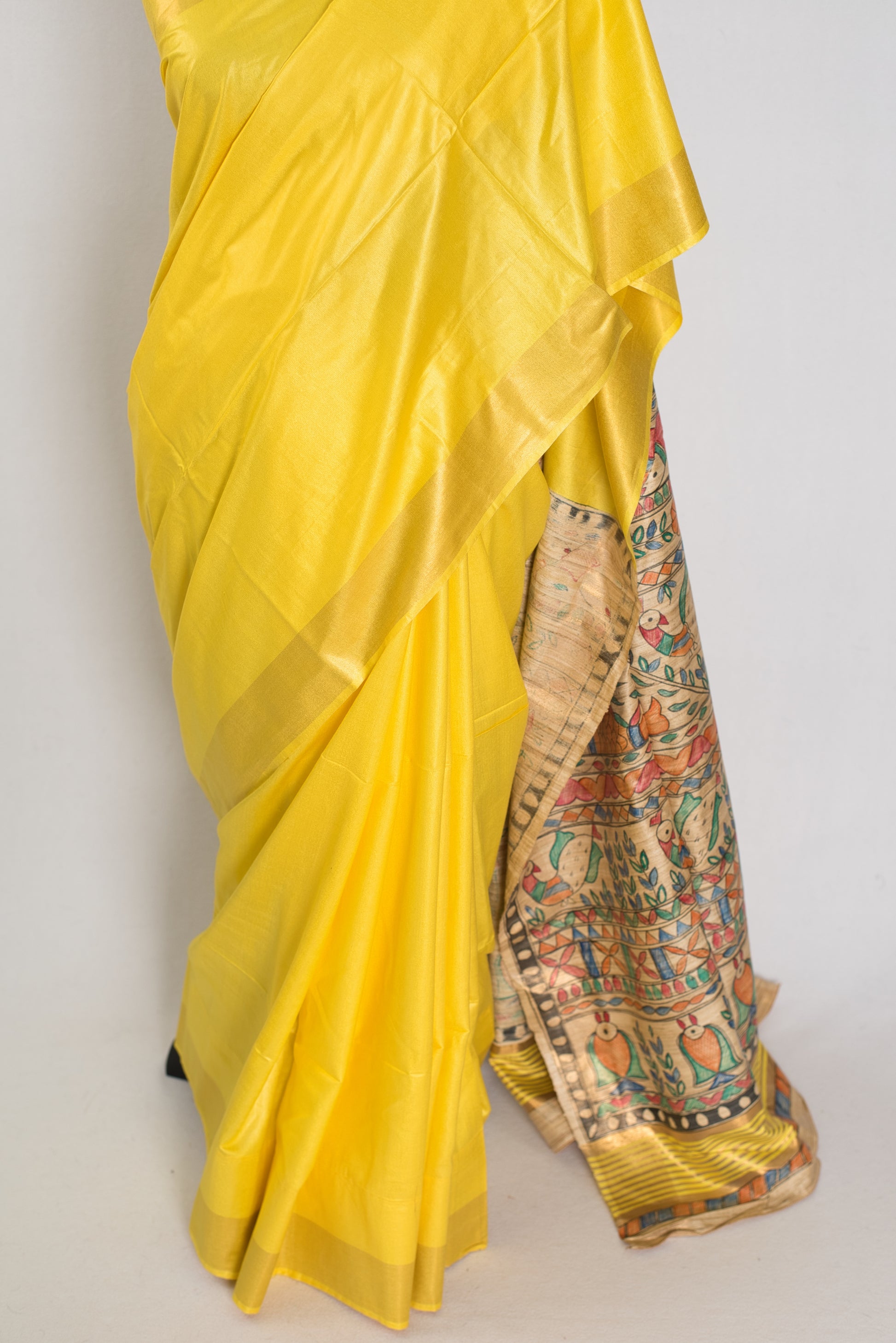 Ragini :Bright Yellow Staple Tussar Saree | Hand-Painted Madhubani Pallu image 5