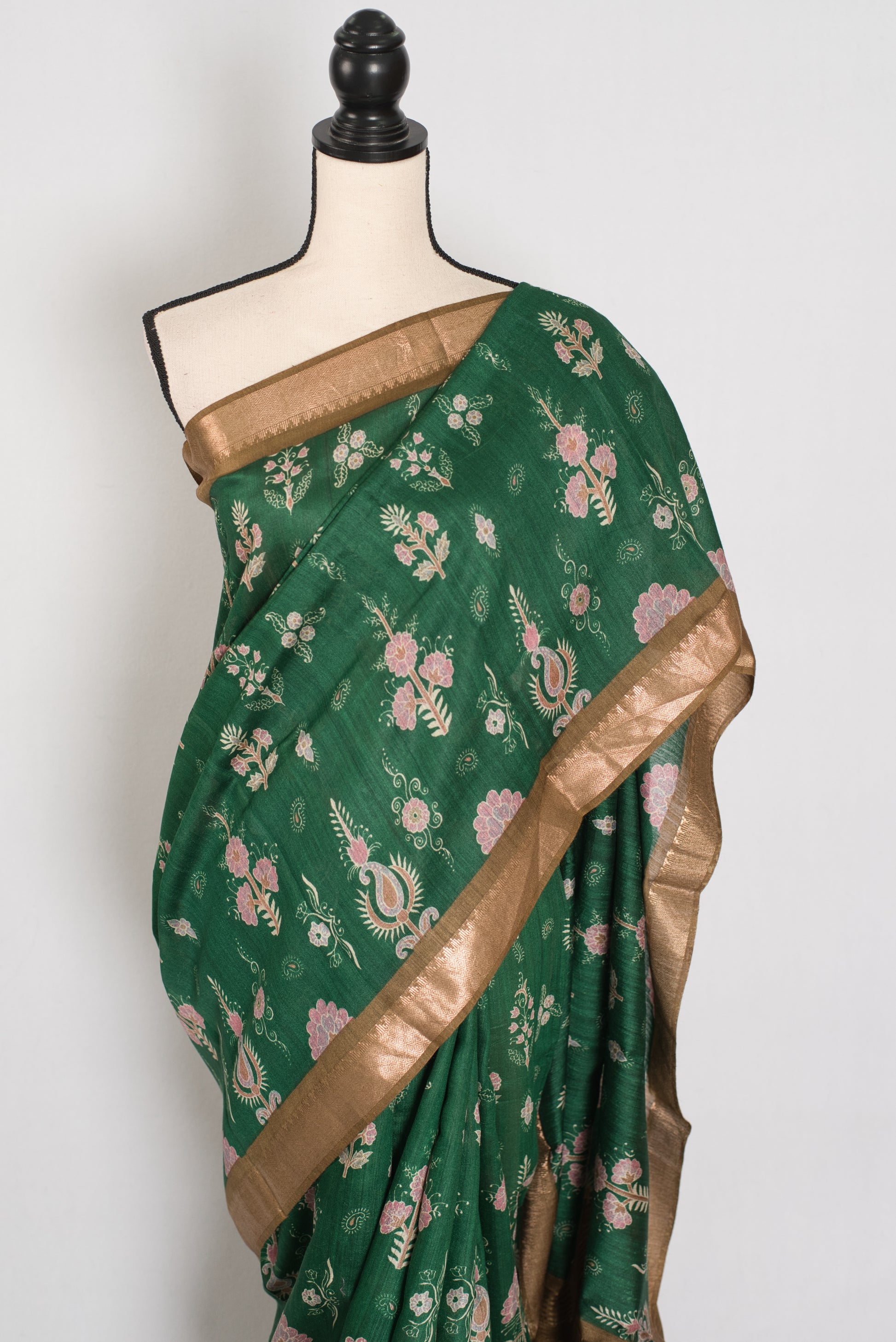Ahalya | Forest Green Pure Muga Tussar Silk Saree | Contemporary Abstract Prints image 5