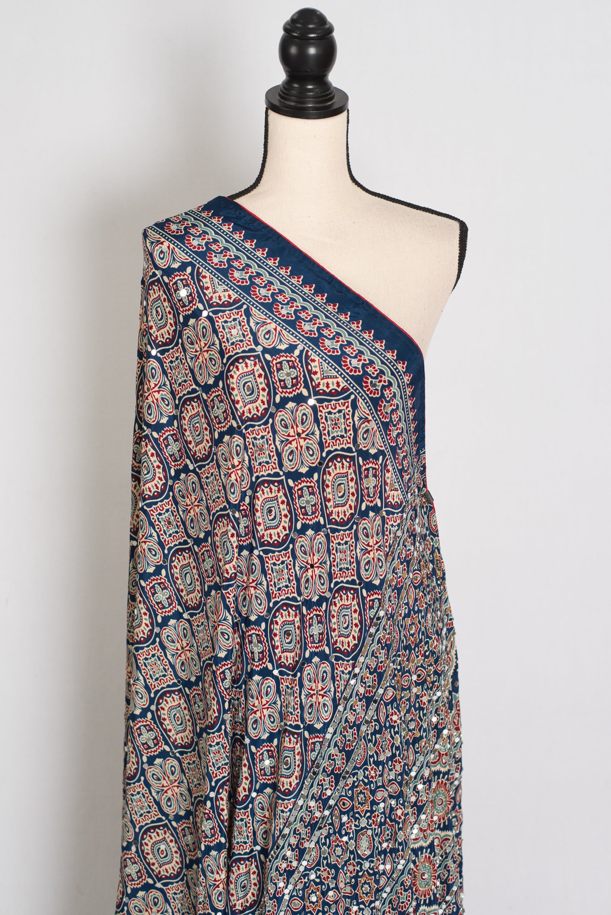 Jiya | Indigo Blue Ajrakh Printed Saree | Mirror Work Semi Modal Silk image 3