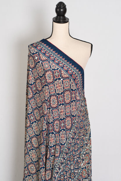 Jiya | Indigo Blue Ajrakh Printed Saree | Mirror Work Semi Modal Silk image 3