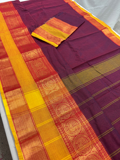 Mandira : Handwoven Kanchi Cotton Saree in Maroon and Yellow image 1