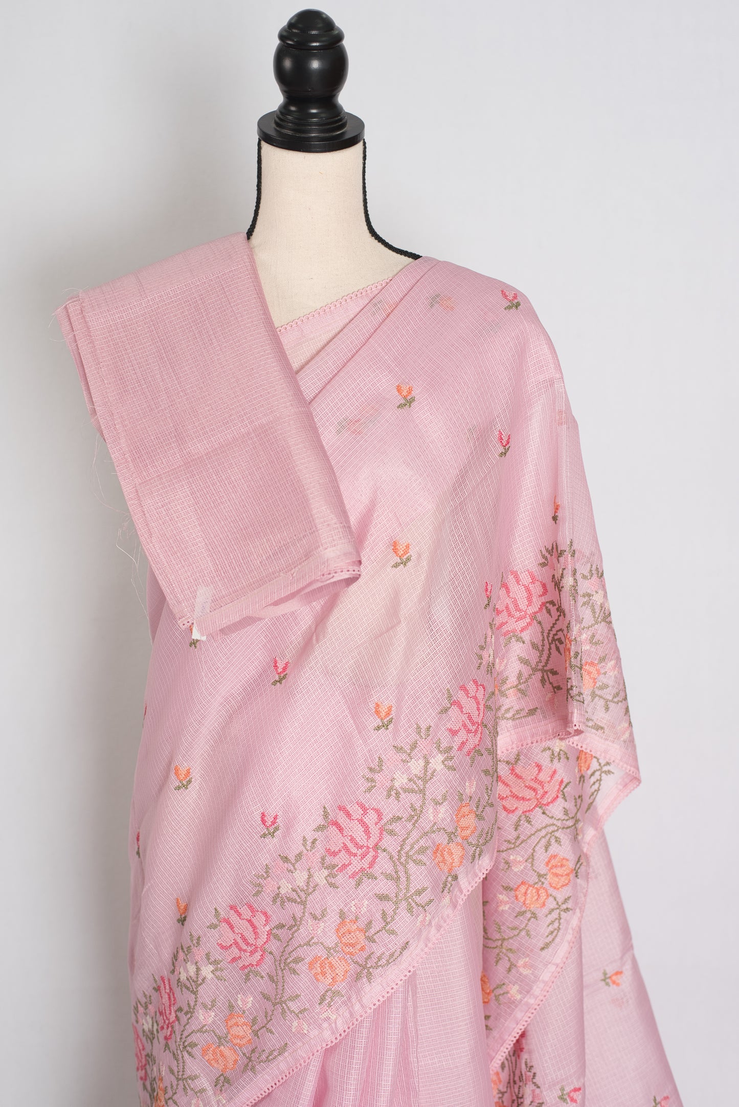 Priya | Baby Pink Blended Kota Silk Saree | Floral Cross Stitch Embroidery image 2