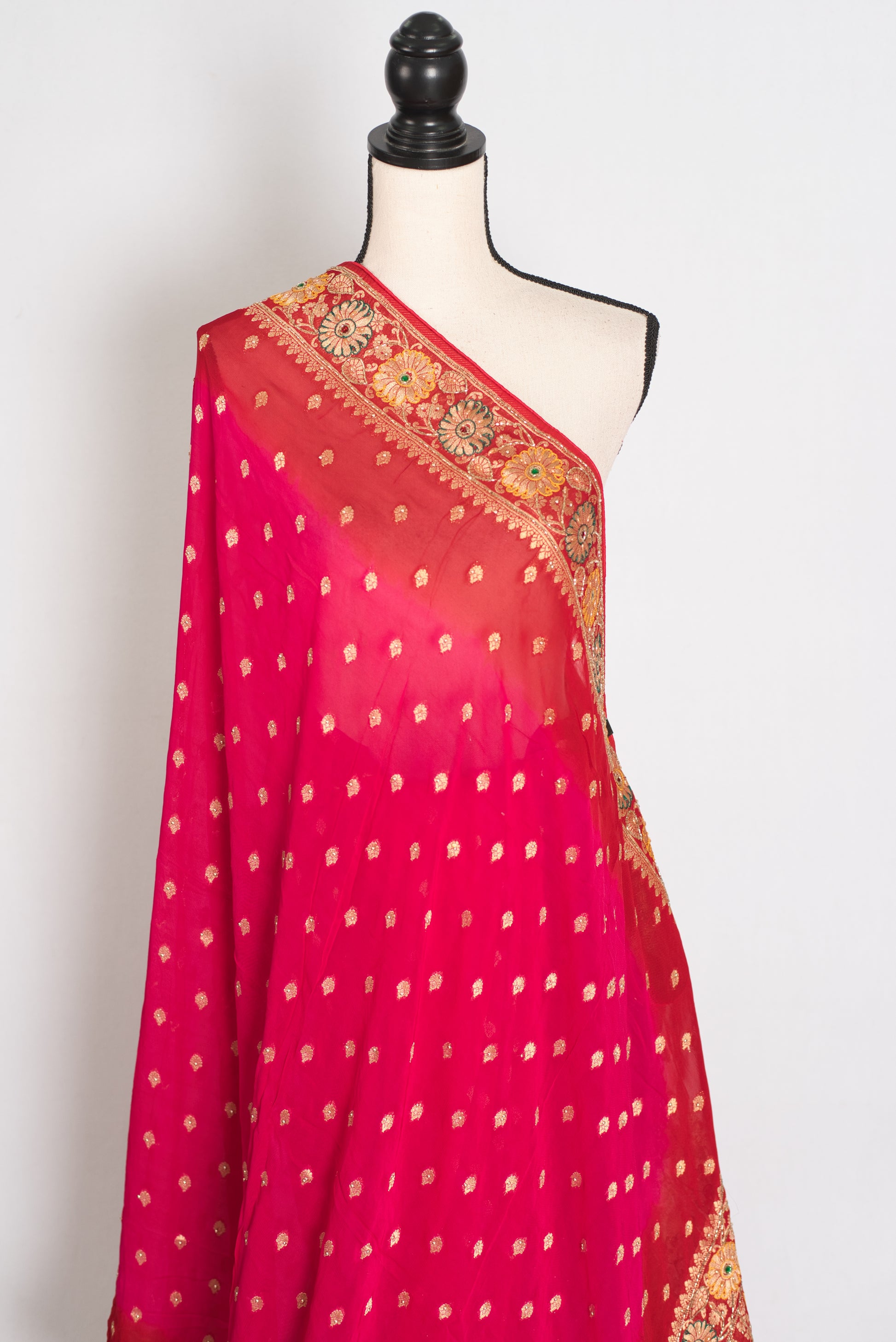 Nadira | Dark Pink & Red Crepe Georgette Banarasi Saree | Hand-Embroidery image 5