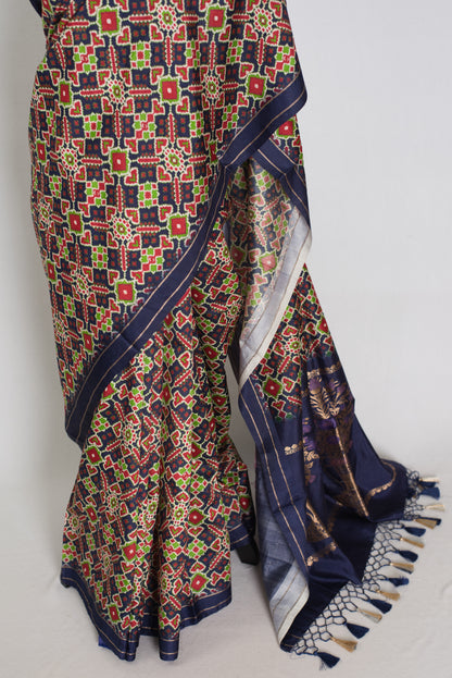 Leela : Navy Blue Ikkat Print Banarasi Silk Saree – with 36 Size Blouse image 7