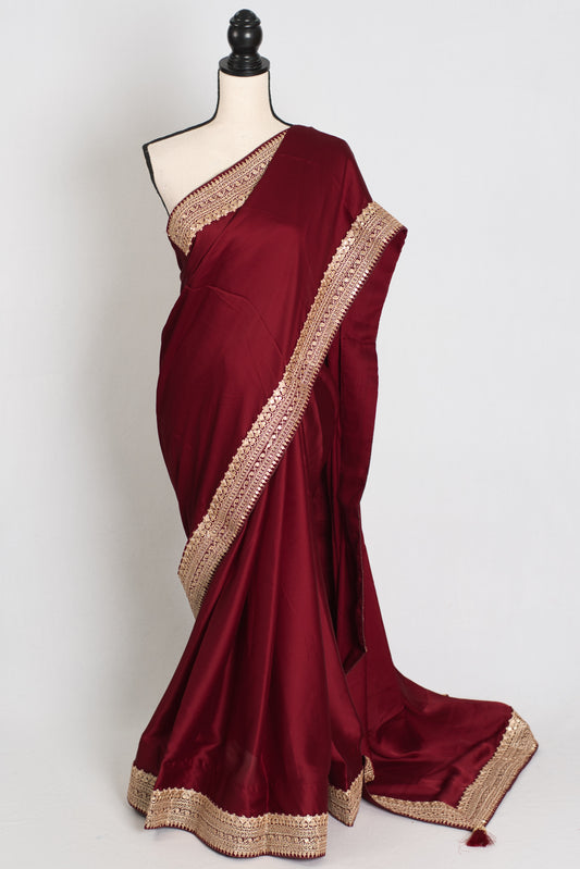 Shirin : Designer Semi Satin Partywear Saree with Patched Gold Border image 0