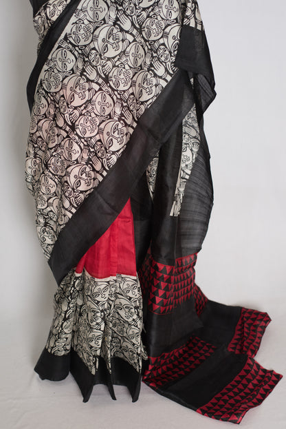 Swapna : Black and Red Half and Half Hand Block Printed Murshidabad Silk Saree image 6
