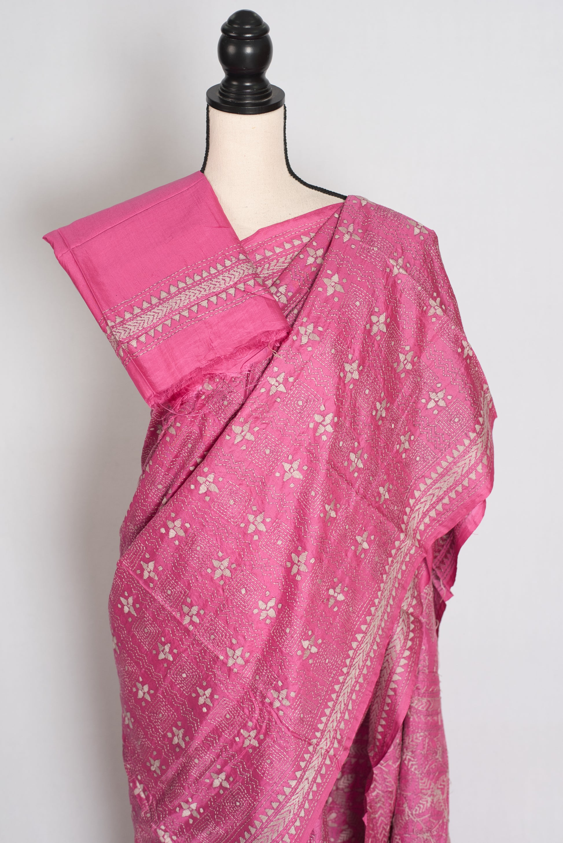 Bidisha : Vibrant Pink Hand Embroidered Kantha Stitch Pure Bangalore Silk Saree image 2