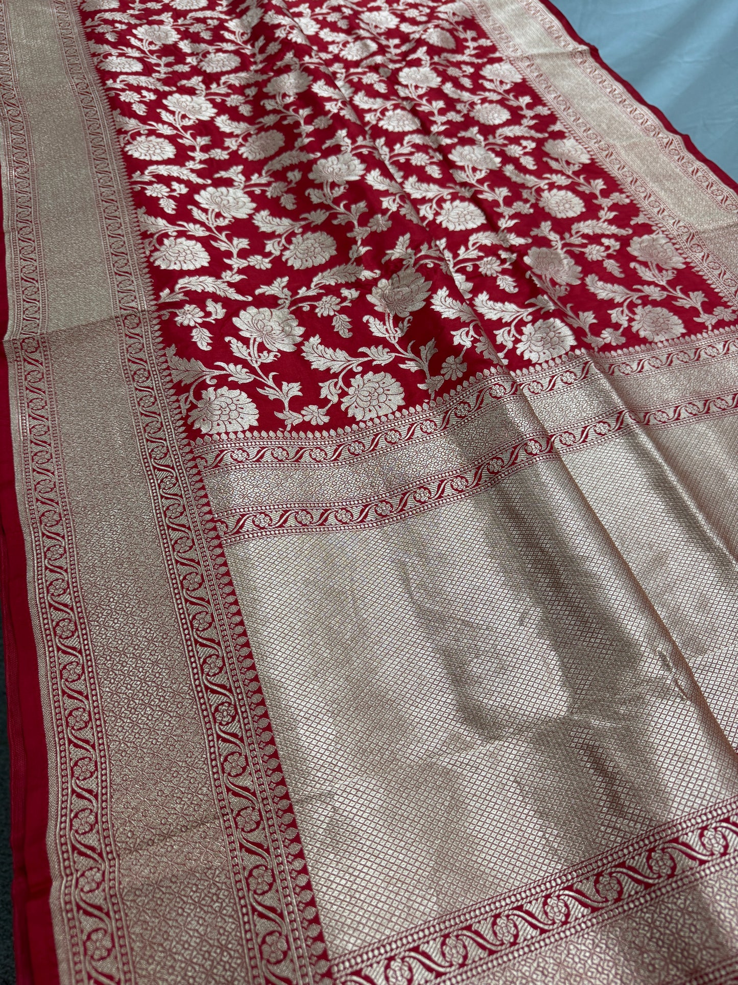 Kumuduni :Silk Mark Certified Red and Gold Bridal Jaal Banarasi Silk Saree image 4