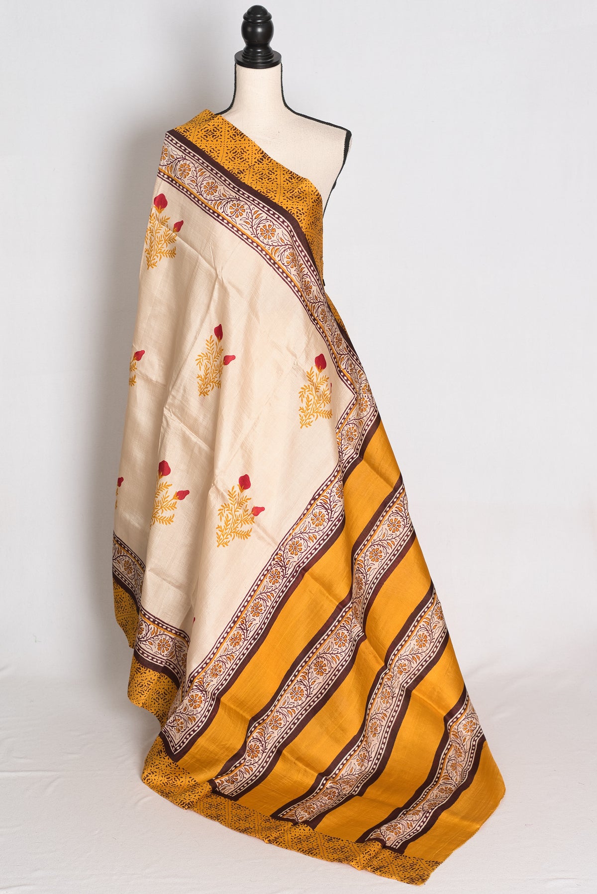 Mati : Cream and Mustard Yellow Printed Pure Silk Saree with 38 Size Blouse image 3