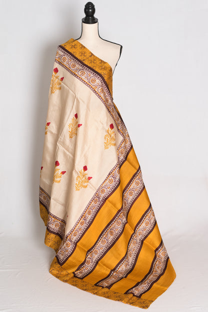 Mati : Cream and Mustard Yellow Printed Pure Silk Saree with 38 Size Blouse image 3