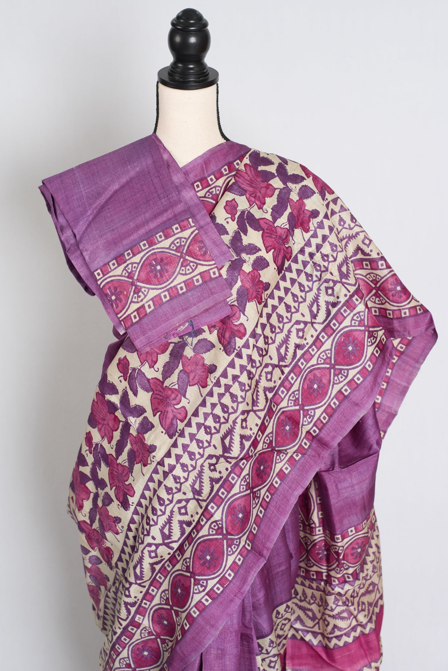 Girija : Premium Quality Hand Block Printed Lavender Tussar Silk Saree image 2