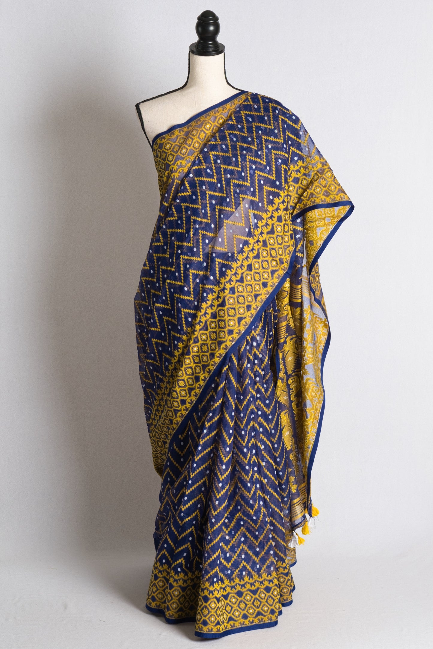 Soft Jamdani Saree in Blue, Yellow and White image 0