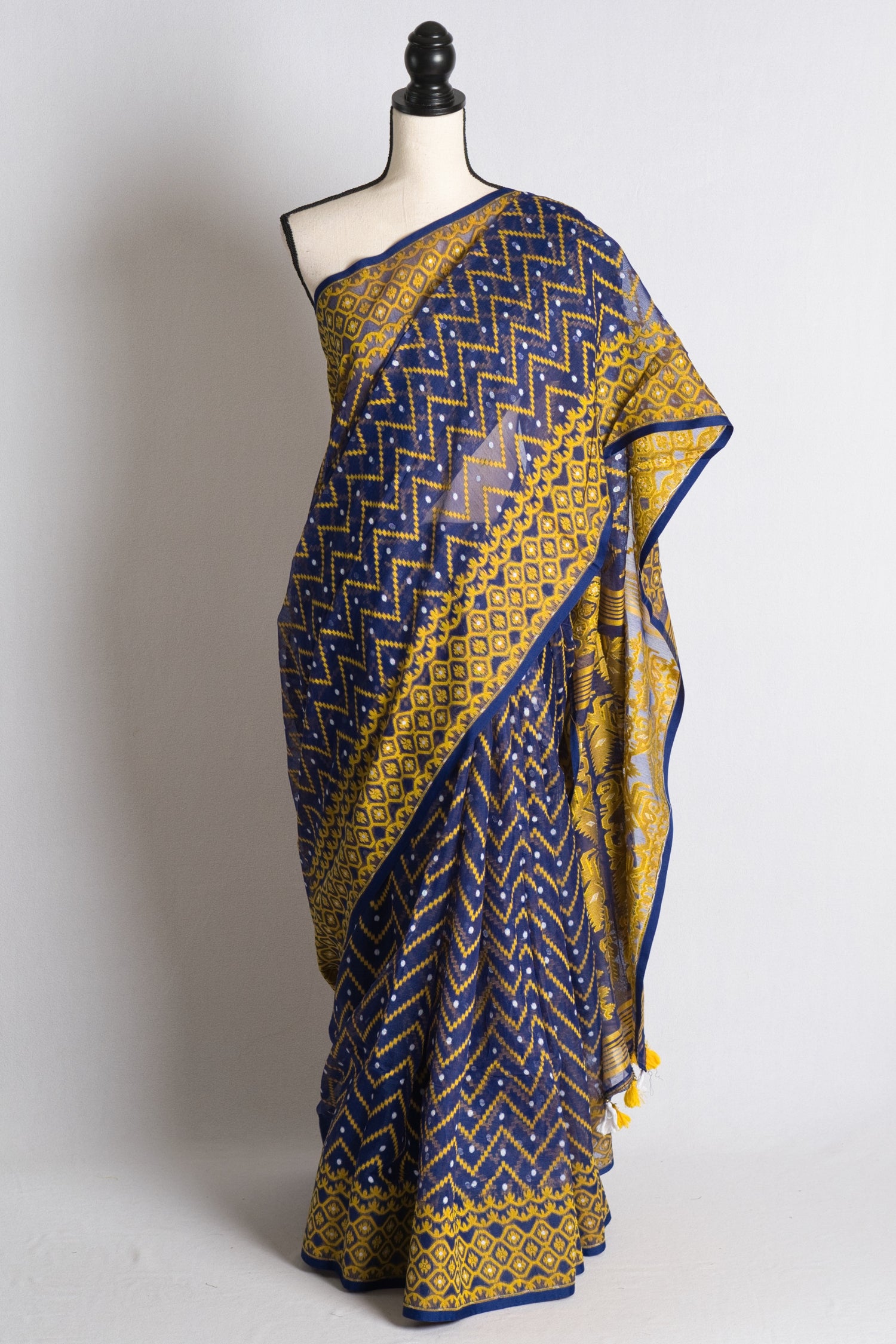 Soft Jamdani Saree in Blue, Yellow and White image 0