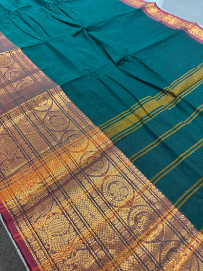 Gayetri : Handwoven Kanchi Cotton Saree in Peacock Green image 2