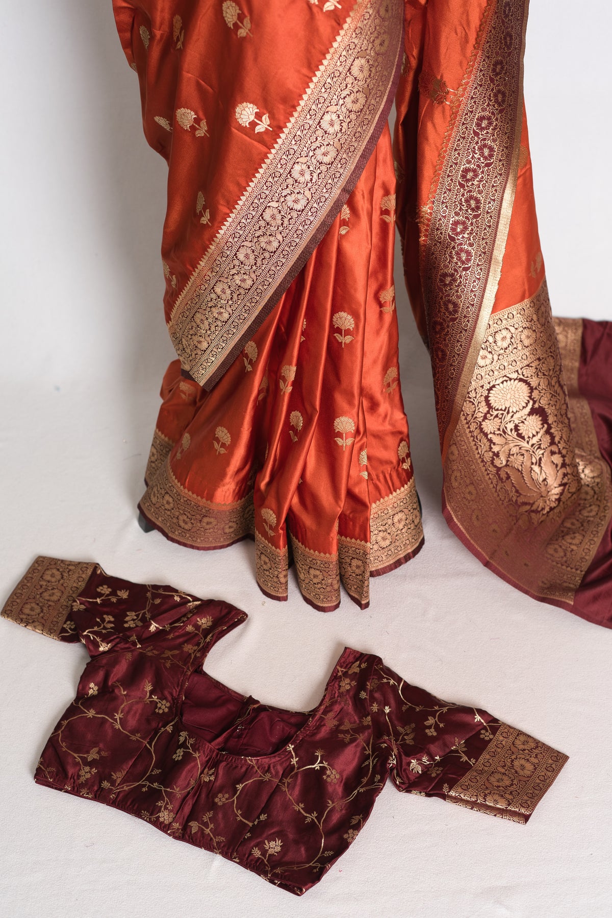 Mati: Rust Orange and Brown Semi Mashru Silk Banarasi Saree with 36 Size Blouse image 1