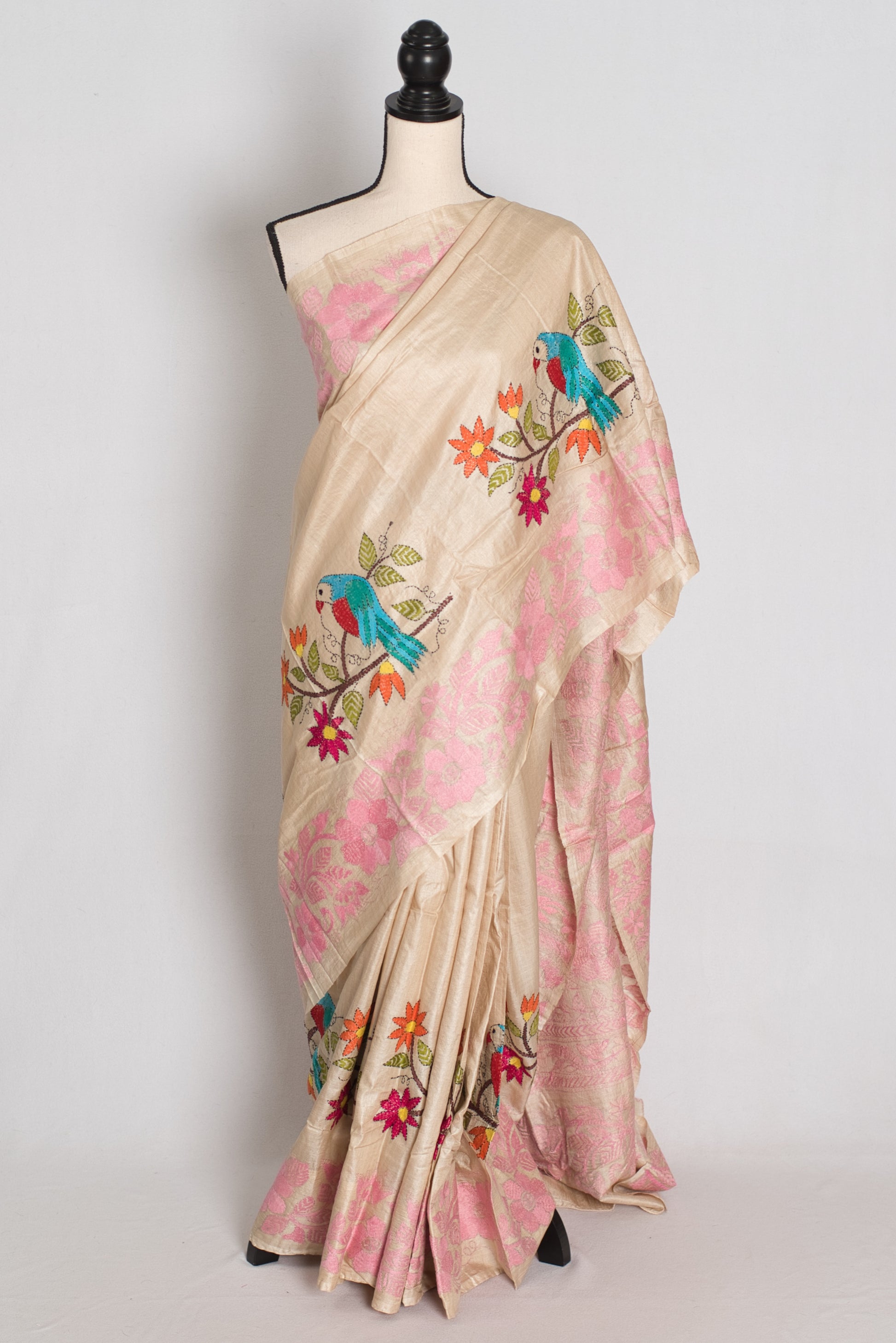 Moi : Premium Gachi Tussar Hand Embroidered Kantha Stitch Saree image 0