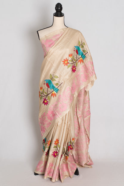 Moi : Premium Gachi Tussar Hand Embroidered Kantha Stitch Saree image 0