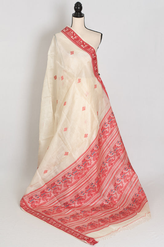 Madhabi : Silk Mark Cream & Red Tussar Silk Saree | Traditional Bengali Look image 1