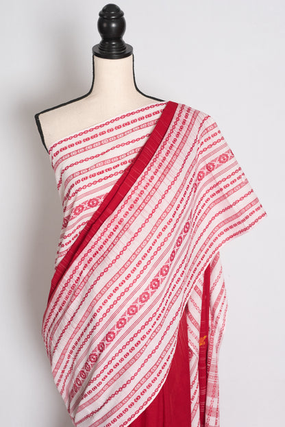 Stuti: Red and White Skirt Border Soft Cotton Dhaniakhali Bengali Saree image 2