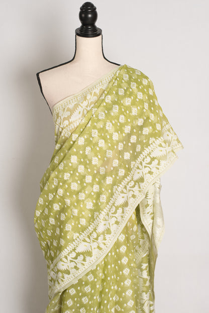 Nita : Light Olive Green and White Soft Blended Cotton Bengali Jamdani Saree image 2
