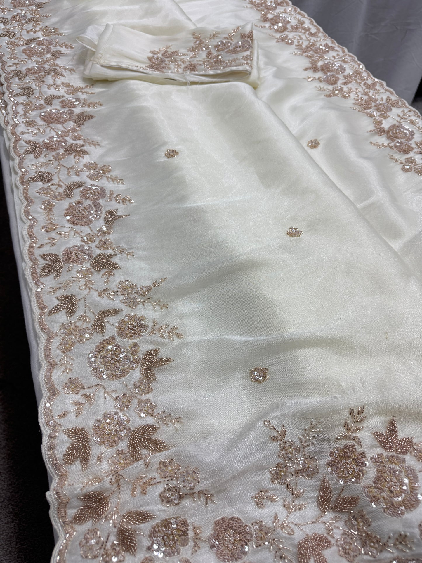 Reeva: Cream & Gold Hand Embroidered Tissue Saree | Wedding Wear image 3