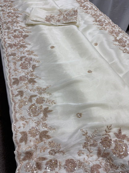 Reeva: Cream & Gold Hand Embroidered Tissue Saree | Wedding Wear image 3