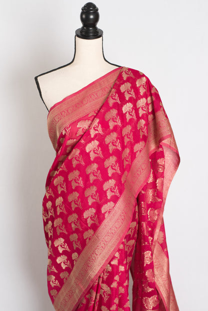 Sona : Semi Georgette Budget Friendly Banarasi Saree in Rani Pink image 5