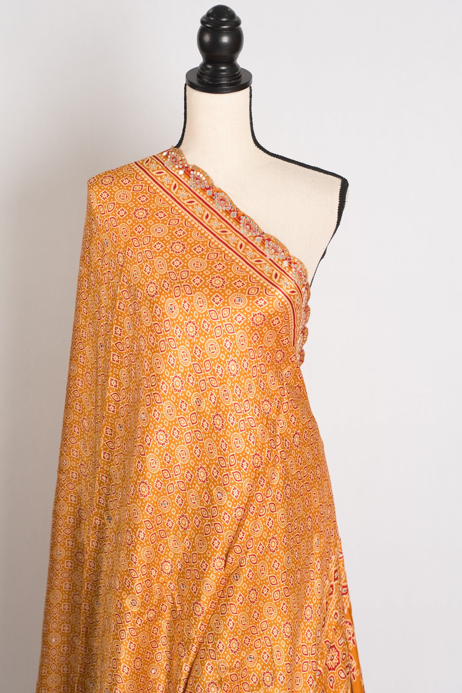 Heema : Yellow Pure Modal Silk Ajrakh Saree with Hand Embroidery Gota Patti Work image 3