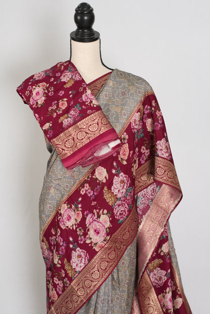 Mahi | Grey Patola & Floral Printed Dola Silk Banarasi Saree image 2