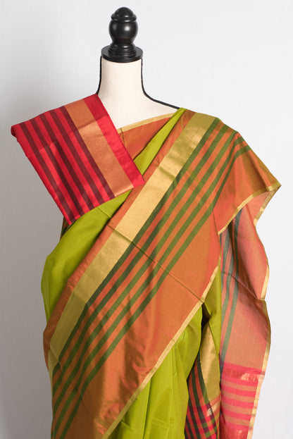 Cotton SIlk Maheshwari Saree in Green, Red and Black image 2