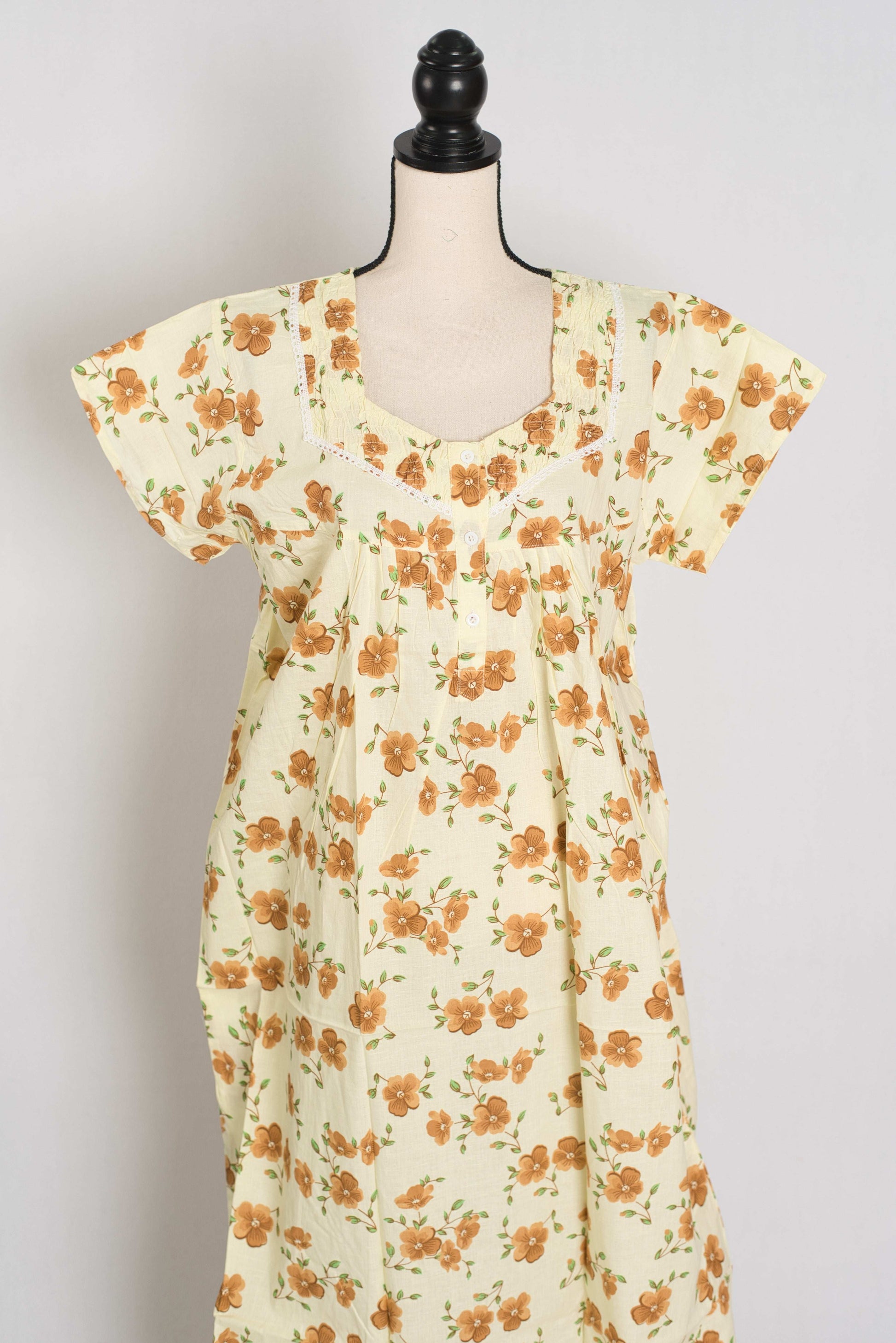 Floral Printed Pale Yellow Women Indian Cotton Nighty in Regular Size image 0