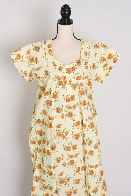 Floral Printed Pale Yellow Women Indian Cotton Nighty in Regular Size image 0