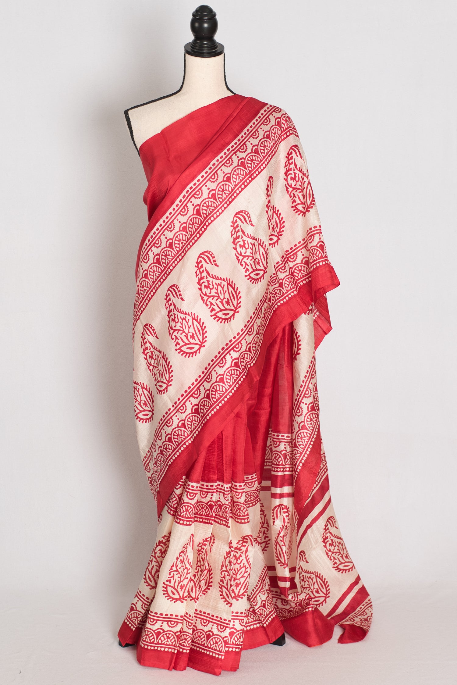 Kasturi : Red and White Hand Block Printed Murshidabad Silk Saree image 0