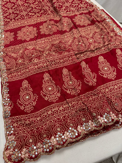 Sindhu : Sindoori Red Modal Silk Ajrakh Saree with Hand Embroidery Work image 2